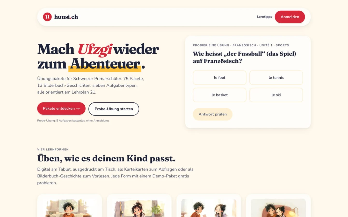 Die Huusi-Startseite: «Mach Ufzgi wieder zum Abenteuer» neben einer echten, spielbaren Übung auf warmem Creme