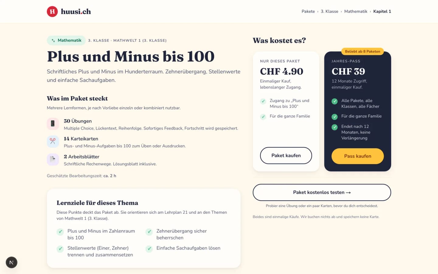 Eine Paketseite mit Lernformen, Lernzielen und fairen Preisen: CHF 4.90 pro Paket oder CHF 39 im Jahr