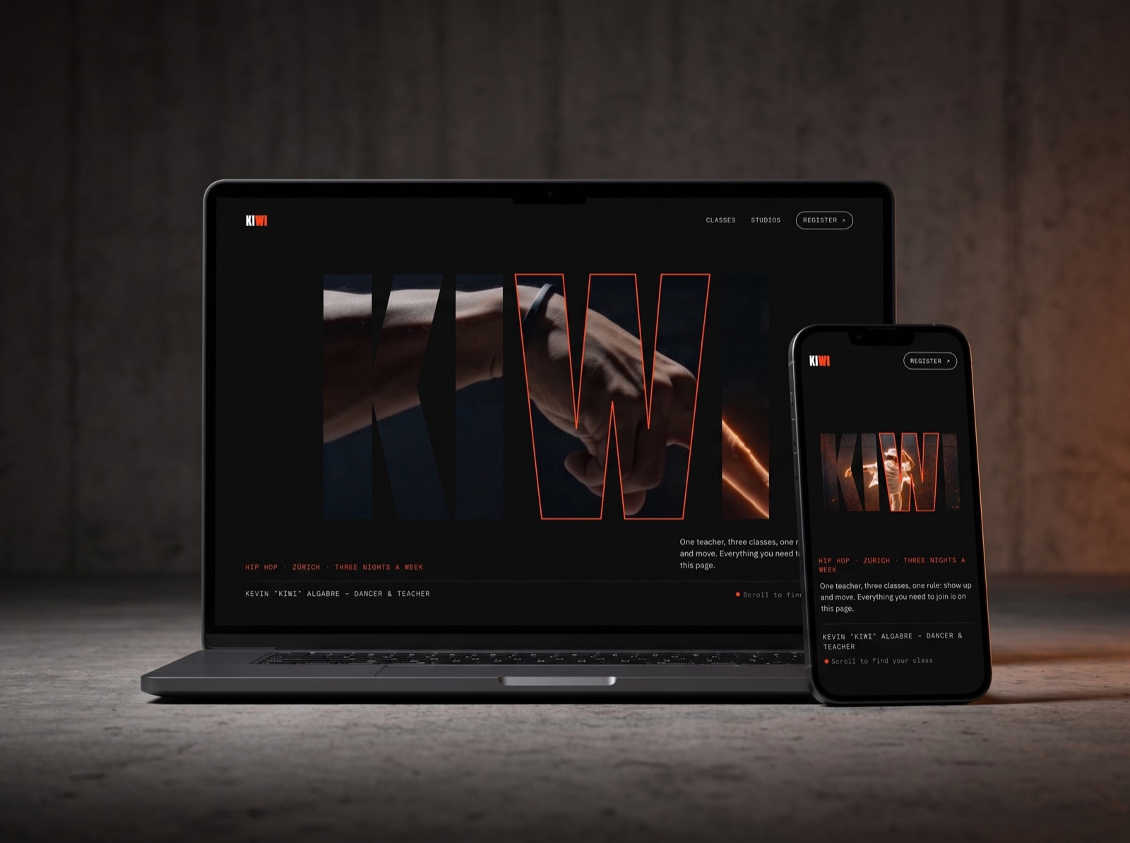 Kiwi site on desktop and phone: dance video inside the KIWI letterforms, on an ink-black stage