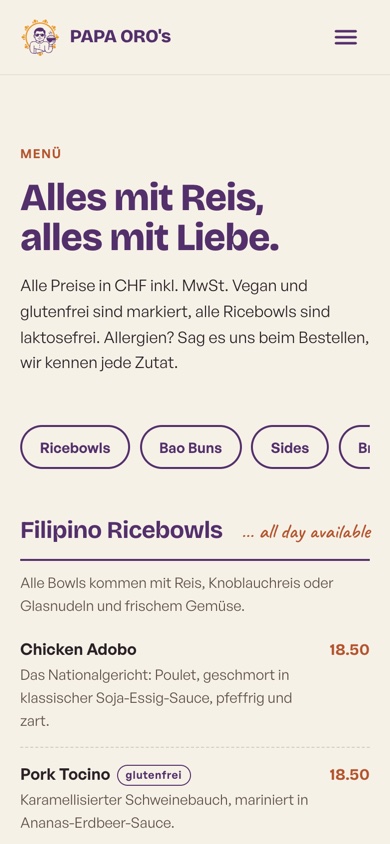 Speisekarte auf dem Handy: lesbare, strukturierte Karte mit fixierter Kategorien-Navigation