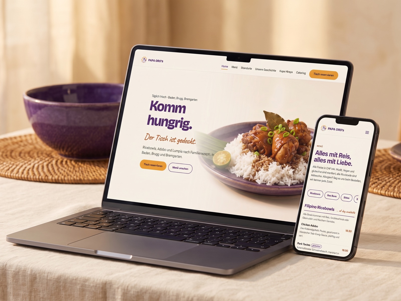 Papa Oro's on desktop and phone: the Komm hungrig hero and the mobile menu on a rice-white stage