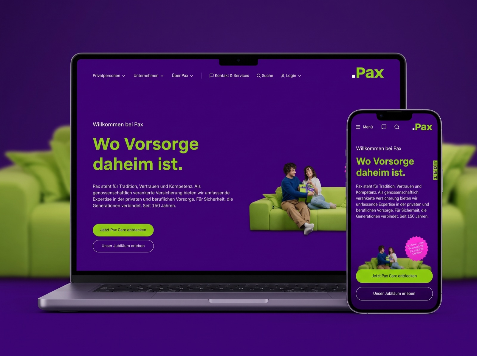 pax.ch on desktop and phone: Wo Vorsorge daheim ist in lime green on deep purple, the green sofa beside it